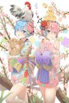  2girls 5ya animal bird blue_eyes blue_hair carrying cherry_blossoms chick chicken chinese_zodiac commentary_request egg finger_to_mouth flower hair_flower hair_ornament hair_over_one_eye highres index_finger_raised japanese_clothes kimono looking_at_viewer maid_headdress multiple_girls obi pink_eyes pink_hair ram_(re:zero) re:zero_kara_hajimeru_isekai_seikatsu rem_(re:zero) rooster rose sash short_kimono siblings sisters smile tree_branch twins year_of_the_rooster 