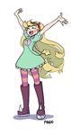  1girl :o artist_name blonde_hair blue_dress eyes_closed facial_mark findo heart knee_boots leggings open_mouth outstretched_arms short_dress solo star star_butterfly star_vs_the_forces_of_evil striped_legwear very_long_hair white_background 