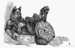  2017 anthro armor beverage biceps black_nose canine claws digitigrade drinking_horn drunk eyes_closed fur holding_object holding_weapon male mammal melee_weapon monochrome muscular nude pawpads paws shield simple_background simul sleeping solo sword traditional_media_(artwork) tree viking weapon white_background wolf 