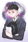  black_eyes black_hair copyright_name credence_barebone fantastic_beasts_and_where_to_find_them hat hat_removed headwear_removed male_focus necktie solo upper_body zigi 