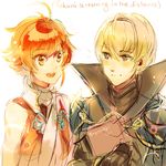  1girl blonde_hair english fire_emblem fire_emblem_if hinoka_(fire_emblem_if) holding leon_(fire_emblem_if) pauldrons red_hair simple_background smile white_background 