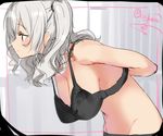  arms_behind_back black_bra black_panties bra breasts cleavage closed_mouth fitting_room hanging_breasts isshiki_(ffmania7) kantai_collection kashima_(kantai_collection) large_breasts leaning_forward looking_to_the_side panties silver_hair sketch solo twintails twitter_username underwear underwear_only upper_body 