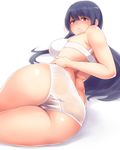  ass bifidus black_hair bra breasts commentary_request frown fusou_(kantai_collection) kantai_collection large_breasts long_hair looking_at_viewer lying on_side panties parted_lips raised_eyebrows red_eyes revision simple_background solo thighs underwear underwear_only white_background white_bra white_panties 