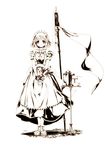  apron character_request cup dress eien_no_aselia esperia eternity_sword_series hands_together highres hitomaru maid monochrome official_art polearm shoes short_hair smile solo spear table teacup teapot weapon 