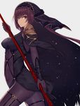  armor bodysuit breasts fate/grand_order fate_(series) gae_bolg highres holding holding_weapon kanikou large_breasts long_hair looking_at_viewer polearm purple_bodysuit purple_hair red_eyes scathach_(fate)_(all) scathach_(fate/grand_order) shoulder_armor solo spear veil weapon 