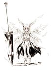  angel_wings belt boots cropped_jacket dress eien_no_aselia eternity_sword_series euphoria_(eternity_sword) gloves hair_ornament head_wings highres hitomaru jacket long_hair monochrome official_art open_mouth outstretched_arms pauldrons polearm seinarukana smile solo spear sword waist_cape weapon wings 