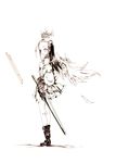  agina_centralspirit angel_wings arms_behind_back belt boots detached_sleeves dress eternity_sword_series highres hitomaru long_hair looking_back monochrome official_art sheath sheathed solo sword weapon wings yuukyuu_no_euphoria 