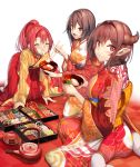  3girls blush brown_hair chopsticks eating eyebrows_visible_through_hair eyes_closed food highres horns japanese_clothes kimono konomi_(yappen) kurimu_(yappen) long_hair looking_at_another looking_at_viewer looking_back mochi multiple_girls obi open_mouth original pointy_ears red_hair sash short_hair sitting smile socks wariza white_background wide_sleeves yappen zouni_soup 