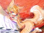  abstract_background anthro bent_over bottomless butt canine clothed clothing female fur hair kemono long_hair looking_at_viewer mammal nude pipisan simple_background sitting skimpy smile solo voluptuous 