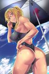  absurdres ass bare_shoulders beach_umbrella black-framed_eyewear blonde_hair blush breasts cloud commentary_request competition_swimsuit covered_nipples cowboy_shot day from_below gakuen_taisen_valkyries glasses grin highres large_breasts long_hair looking_at_viewer looking_back looking_down muscle muscular_female nanashi_no_touhoku_kenjin noel_fortenmayer one-piece_swimsuit ponytail red_eyes semi-rimless_eyewear smile solo swimsuit umbrella under-rim_eyewear wet 