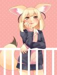  1girl absurdres animal_ear_fluff animal_ears bangs blazer blonde_hair blush brown_eyes cowboy_shot eyebrows_visible_through_hair fennec_(kemono_friends) fox_ears fox_tail hand_on_own_face highres initsukkii jacket kemono_friends long_sleeves looking_at_viewer pink_sweater pleated_skirt polka_dot polka_dot_background railing school_uniform shirt skirt smile solo sweater tail unbuttoned unbuttoned_shirt white_shirt 