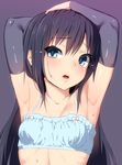  arm_warmers armpits arms_up asashio_(kantai_collection) ayagi_daifuku bare_shoulders black_hair blue_bra blue_eyes blush bow bow_bra bra breasts cinderella_bust collarbone frills kantai_collection long_hair looking_at_viewer open_mouth small_breasts solo sweat underwear underwear_only 