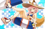  absurdres animal_ears bikini blue_bikini blush breasts cleavage ears_through_headwear fang fate/extra fate/grand_order fate_(series) fox_ears fox_tail hat highres large_breasts long_hair looking_at_viewer nanakusa_amane open_mouth parasol pink_hair sandals sitting solo straw_hat sun_hat swimsuit tail tamamo_(fate)_(all) tamamo_no_mae_(fate) tamamo_no_mae_(swimsuit_lancer)_(fate) umbrella underboob yellow_eyes 