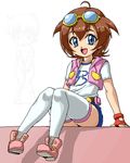  1girl :d amano_madoka bangs belt belt_pouch beyblade blue_eyes brown_hair fingerless_gloves gloves goggles goggles_on_head isu looking_at_viewer lowres metal_fight_beyblade no_pants open_mouth pouch short_hair smile thighhighs when_you_see_it white_legwear yumiya_kenta 