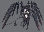  2017 armor arms_at_sides artist_name bare_shoulders black_gloves bodysuit breastplate commentary_request dated elbow_gloves flat_chest full_body gloves grey_background hexagon holding holding_weapon looking_at_viewer makadamixa mask mecha_musume mechanical_parts mechanical_tail navel no_shoes number one_eye_covered original polearm red_eyes short_hair silver_hair simple_background solo standing standing_on_one_leg stomach tail weapon 