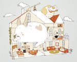  bad_pixiv_id balcony bed bird blush bookshelf bunny carpet cat chair chimney closed_eyes cloud commentary couch food heart house ladder no_humans original picture_(object) pillow plant rooftop simple_background smoke sunny_side_up_egg table telescope toast tofuvi vase vines window 