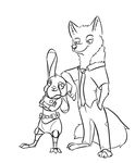  2017 anthro barefoot black_and_white bluedouble bulletproof_vest canine clothed clothing crossed_arms disney duo female fox hand_in_pocket judy_hopps lagomorph male mammal monochrome nick_wilde police_uniform rabbit simple_background smile uniform white_background zootopia 