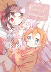  ahoge alternate_hairstyle black_hair blue_eyes blush commentary_request cover cover_page doujin_cover frilled_shirt_collar frilled_sleeves frills hand_on_forehead hood hood_down kousaka_honoka long_sleeves looking_at_viewer love_live! love_live!_school_idol_project lying lying_on_person multiple_girls nail_polish nightgown on_back on_side one_eye_closed orange_hair pajamas pillow pink_nails red_eyes shijimi_kozou side_ponytail smile stuffed_animal stuffed_bunny stuffed_dog stuffed_toy twintails yazawa_nico 