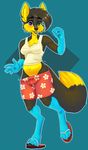  2017 anthro belly big_belly black_fur black_hair blue_background blue_fur blush breasts canine clothing female footwear fur green_eyes hair luc mammal navel pregnant pregoo sandals shirt shorts simple_background solo tank_top wolf yellow_fur 