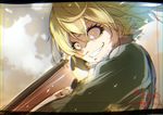  artist_name blonde_hair chromatic_aberration constricted_pupils crazy_eyes frame grin gun holding holding_gun holding_weapon isshiki_(ffmania7) rifle signature sketch smile solo tanya_degurechaff teeth twitter_username upper_body weapon wide-eyed yellow_eyes youjo_senki 