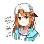 1girl backwards_hat baseball_cap character_request closed_mouth commentary_request dated eyebrows_visible_through_hair grey_eyes hat highres hood hooded_jacket ichiren_namiro idolmaster idolmaster_million_live! jacket looking_at_viewer orange_hair shirt signature simple_background smile solo upper_body white_background white_shirt 