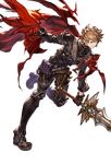  alpha_transparency boots brown_eyes brown_hair cape cosplay full_body gideon_(lord_of_vermillion) gideon_(lord_of_vermillion)_(cosplay) gran_(granblue_fantasy) granblue_fantasy looking_at_viewer lord_of_vermilion lord_of_vermilion_iii male_focus minaba_hideo parted_lips red_cape running serious solo sword transparent_background weapon 
