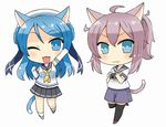  :3 :d ;3 ;d ahoge animal_ears aoba_(kantai_collection) black_legwear blue_eyes blue_hair camera cat_ears cat_tail chibi commentary_request double_bun elbow_gloves gloves hat highres holding kantai_collection kemonomimi_mode long_hair looking_at_viewer multiple_girls one_eye_closed open_mouth pleated_skirt ponytail purple_hair school_uniform serafuku shorts simple_background skirt smile soba_(sobaya1938) tail thighhighs urakaze_(kantai_collection) waving white_background white_gloves white_hat yellow_neckwear 