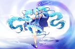  2017 ;d absurdly_long_hair absurdres aqua_hair arm_up armpit_peek bad_id bad_pixiv_id bangs bare_shoulders bloomers blue_dress blue_eyes blue_footwear blue_gloves blue_ribbon blush cape character_name choker collarbone constellation_print contrapposto detached_sleeves dress eyebrows_visible_through_hair fingerless_gloves floating_hair frilled_dress frills full_body gloves glowing gradient gradient_background hair_ornament hair_ribbon hatsune_miku head_tilt highres holding holding_wand leg_garter lepoule long_hair looking_at_viewer magic off-shoulder_dress off_shoulder one_eye_closed open_mouth outstretched_arm outstretched_hand print_cape print_dress ribbon ribbon_choker shadow shiny shiny_hair shiny_skin shoes short_dress sidelocks sleeveless sleeveless_dress smile solo staff_(music) standing star star_(sky) star_hair_ornament star_night_snow_(vocaloid) star_print starry_sky_print striped striped_ribbon treble_clef twintails underwear very_long_hair vocaloid wand yuki_miku 