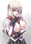  areola_slip areolae artist_request between_breasts black_gloves black_skirt breast_hold breasts capelet celtic_knot cowboy_shot gloves graf_zeppelin_(kantai_collection) hair_between_eyes iron_cross kantai_collection large_breasts long_sleeves looking_at_viewer military military_uniform necktie necktie_between_breasts no_hat no_headwear open_clothes parted_lips sidelocks silver_eyes silver_hair skirt solo twintails uniform 