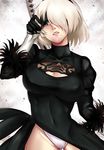  ass_visible_through_thighs black_dress black_gloves blindfold blindfold_lift blonde_hair breasts cleavage dress feather-trimmed_sleeves gankami gloves grey_background grey_eyes groin hair_over_one_eye large_breasts leotard looking_at_viewer mole mole_under_mouth nier_(series) nier_automata one_eye_covered parted_lips solo sword thighs weapon yorha_no._2_type_b 