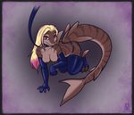  2017 all_fours anthro areola armwear blonde_hair breasts brown_nipples brown_skin butt claws clothed clothing collar english_text female fin fish furgonomics hair kalie klenerschluchti leash legwear lichfang long_hair looking_at_viewer marine nipple_piercing nipples piercing pink_eyes pink_hair shark smile solo text toe_claws topless underwear 