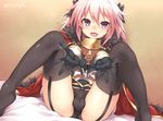  astolfo_(fate) black_gloves black_legwear braid bulge erection erection_under_clothes fang fate/apocrypha fate_(series) gloves long_hair looking_at_viewer male_focus no_shoes open_mouth otoko_no_ko outstretched_arms outstretched_hand pink_hair single_braid smile solo spread_legs thighhighs torimaru 