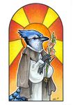  2009 anthro avian bird black_eyes blue_jay corvid flower male plant saint saint_azul solo ursula_vernon 