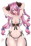  aori_sora armpits arms_behind_head arms_up bikini blue_eyes breasts cleavage granblue_fantasy hair_over_one_eye highres large_breasts long_hair looking_at_viewer narmaya_(granblue_fantasy) navel pointy_ears purple_hair simple_background smile solo swimsuit thighs very_long_hair white_background white_bikini 