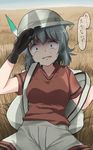  backpack bag black_hair commentary constricted_pupils crying crying_with_eyes_open gloves grass hat hat_feather kaban_(kemono_friends) kemono_friends ki-51_(ampullaria) lying on_back open_mouth pantyhose scared shirt short_hair shorts silhouette t-shirt tears translated 