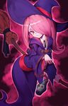  broom commentary_request dress hair_over_one_eye hat little_witch_academia long_hair pale_skin pink_hair red_eyes sharp_teeth smile solo sucy_manbavaran teeth witch witch_hat wtcolor 