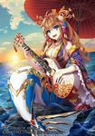  blue_eyes breasts brown_hair cleavage company_name copyright_name flower guitar hair_flower hair_ornament hair_stick instrument jewelry large_breasts mermaid monster_girl necklace official_art open_mouth oriental_umbrella rock sitting sky solo teeth umbrella water z/x zeroshiki_kouichi 