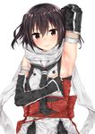  arm_up armpits black_gloves blush brown_eyes brown_hair double-breasted elbow_gloves fingerless_gloves gloves highres jaku_denpa kantai_collection remodel_(kantai_collection) scarf sendai_(kantai_collection) solo two_side_up upper_body white_scarf 