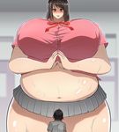  1boy 1girl black_eyes blush breasts brown_hair chubby fat giantess gigantic_breasts heart-shaped_pupils navel open_mouth plump size_difference smile sweat symbol-shaped_pupils thick_thighs 
