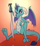  anthro areola barefoot bassybird bassywolfeh breasts butt dragon female friendship_is_magic horn looking_at_viewer melee_weapon my_little_pony nipples nude princess_ember_(mlp) pussy sitting smile solo sword weapon wings 