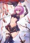  armor armored_boots armored_dress armpits black_legwear boots breasts center_opening commentary_request elbow_gloves fate/grand_order fate_(series) gloves hair_over_one_eye looking_at_viewer mash_kyrielight medium_breasts midriff navel purple_eyes purple_hair shield short_hair solo sumapan thighhighs 