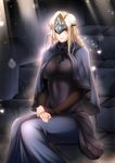  black_dress blindfold blonde_hair blush breasts cape closed_mouth commentary covered_eyes dark_souls_iii domino_mask dress facing_viewer fire_keeper large_breasts light_particles long_hair long_sleeves mask megatama sitting sitting_on_stairs skin_tight smile solo souls_(from_software) stairs sunlight 