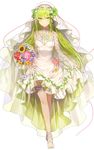  bangs bouquet breasts bridal_veil cleavage closed_mouth dress eyebrows_visible_through_hair flower full_body green_hair hair_flower hair_ornament highres kim_eb lifted_by_self long_hair looking_at_viewer medium_breasts nail_polish original plant sheer_legwear sidelocks skirt_hold smile solo standing thighhighs transparent_background veil very_long_hair vines wedding_dress white_dress white_nails yellow_eyes 