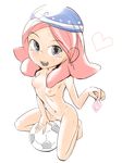  1girl :d arm_support ball beyon_(inazuma_sonikku) black_eyes blush breasts condom condom_wrapper female full_body hat heart inazuma_eleven inazuma_eleven_(series) kneeling long_hair looking_at_viewer navel nipples nude open_mouth pussy red_hair simple_background small_breasts smile soccer_ball solo sweat uncensored white_background zaizen_touko 