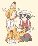  ? animal_ears arm_support bare_shoulders black_gloves black_hair black_legwear blonde_hair blue_eyes blush bow bowtie elbow_gloves flying_sweatdrops gloves hat hat_feather helmet holding_another's_tail holding_tail kaban_(kemono_friends) kasa_list kemono_friends kneehighs looking_at_another looking_back multiple_girls pantyhose pith_helmet seiza serval_(kemono_friends) serval_ears serval_print serval_tail shirt short_hair shorts simple_background sitting skirt sleeveless spoken_question_mark t-shirt tail tail_fondling yellow_background yellow_eyes 