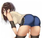  1girl ass bare_shoulders bent_over blue_eyes blue_shorts blush breasts brown_hair brown_legwear closed_mouth commentary_request cowboy_shot elbow_pads grey_shirt hands_on_own_thighs kureha_(ironika) long_hair medium_breasts original profile shirt short_shorts shorts sidelocks simple_background sleeveless sleeveless_shirt solo sportswear sweat thighhighs thighs volleyball_uniform white_background 