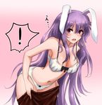  1girl :o absurdres amagi_(amagi626) animal_ears bangs blush bra breasts brown_legwear bunny_ears collarbone eyebrows_visible_through_hair highres large_breasts leaning_forward legs_apart long_hair looking_at_viewer navel open_mouth panties pantyhose pink_background purple_hair reisen_udongein_inaba simple_background solo spoken_exclamation_mark stomach sweat touhou underwear undressing very_long_hair white_bra white_panties 