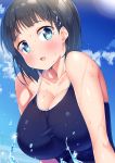  1girl :o bare_arms bare_shoulders black_hair blue_eyes blue_sky blue_swimsuit blurry blush breasts chain-link_fence cleavage cloud collarbone commentary_request competition_school_swimsuit day fence hair_ornament hairclip highres ichi_makoto kirigaya_suguha large_breasts looking_at_viewer open_mouth outdoors school_swimsuit short_hair sky solo sparkle sunlight swimsuit sword_art_online taut_clothes upper_body water wet 