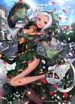  bow breasts chakram cleavage company_name covered_navel dancer dark_skin day earrings flower grey_hair gyakushuu_no_fantasica hair_flower hair_ornament hairband high_heels jewelry katagiri_hachigou large_breasts long_hair no_socks official_art open_mouth petals purple_eyes sky solo sparkle teeth tree weapon 