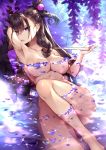  1girl :p arm_behind_head bangs breasts brown_hair collarbone double_bun eyebrows_visible_through_hair fate/grand_order fate_(series) hair_between_eyes hair_ornament highres large_breasts long_hair looking_at_viewer lying murasaki_shikibu_(fate) nude on_back partially_submerged petals purple_eyes reclining sidelocks solo tongue tongue_out touwa_nikuman tsurime two_side_up umbrella very_long_hair 